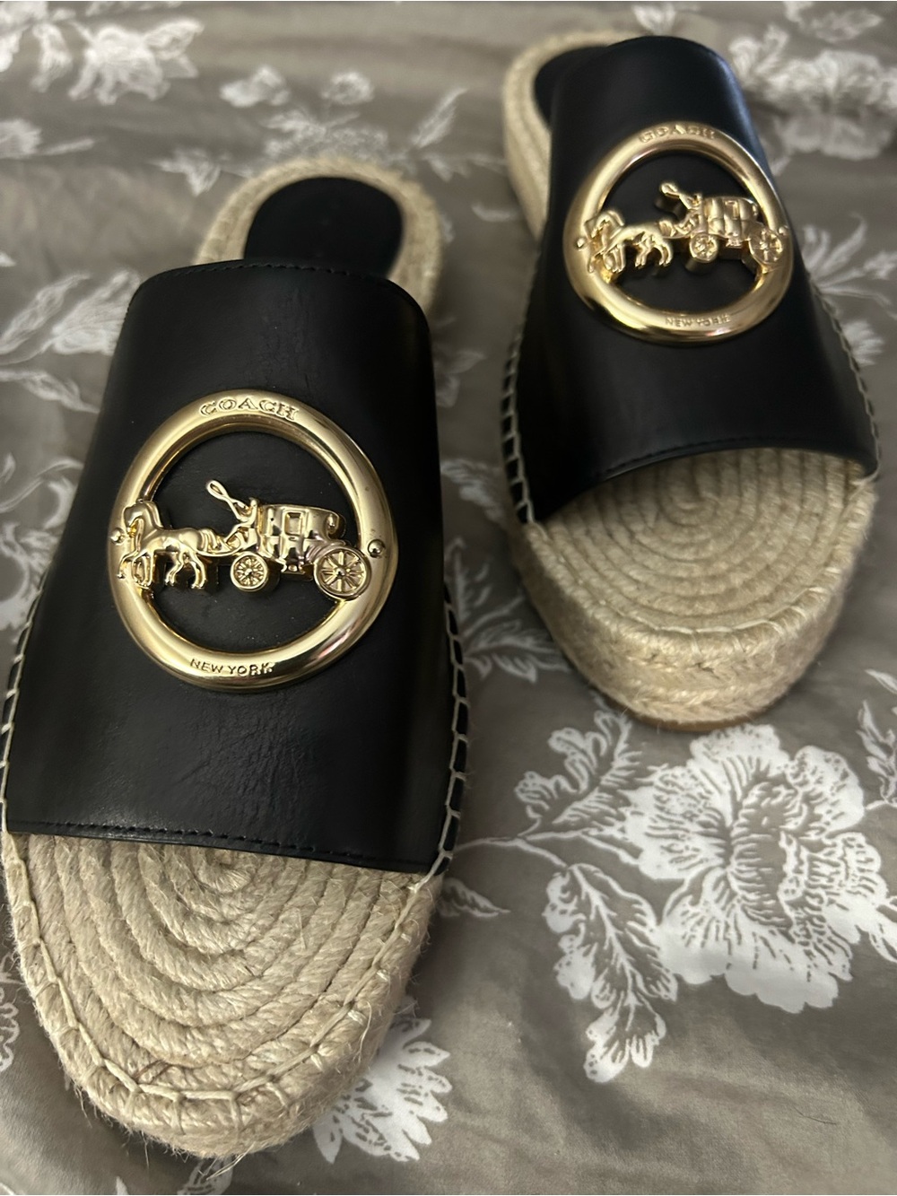Coach Black Leather Espadrille Slide Sandals with Gold Logo